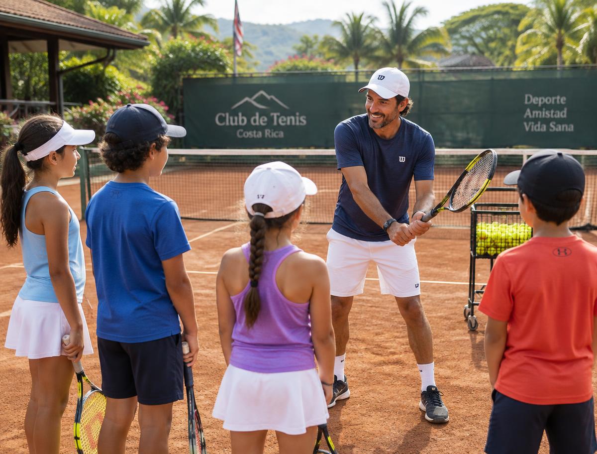 Profesor dando clase a niños en cancha de arcilla