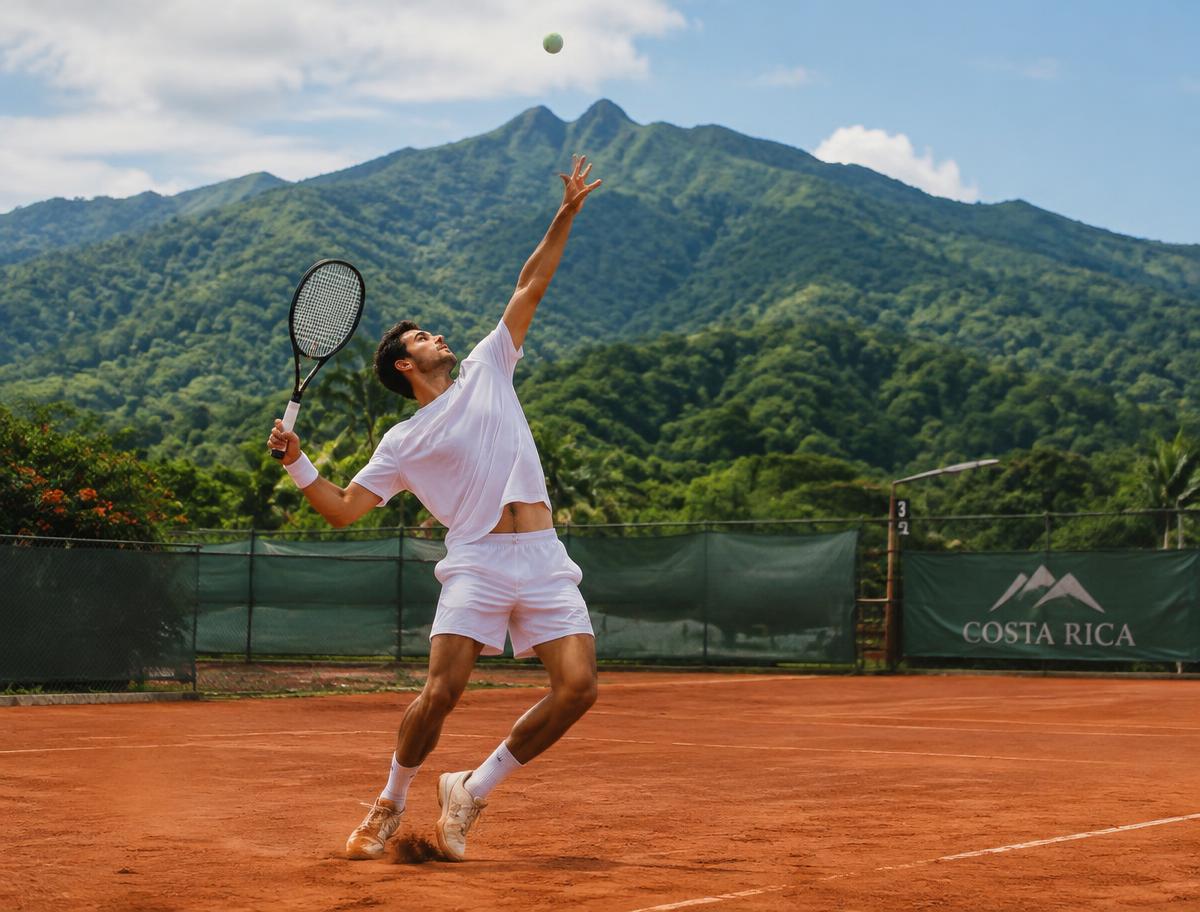 Tenista sacando en cancha de arcilla con montañas de Costa Rica